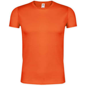 An orange adult T-shirt with a classic crew neck and short sleeves. Features a logo on the label.