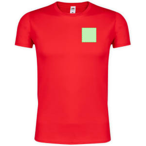 A red adult T-shirt featuring a small green square patch on the front. The shirt has a logo.