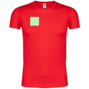 A red adult T-shirt featuring a small green square on the front. The shirt has a logo on the label.