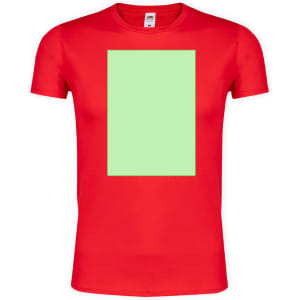 A red adult t-shirt with a blank green rectangular area on the front and a logo on the label.