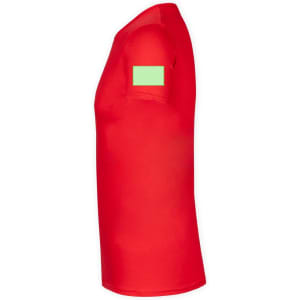 A red adult colour T-shirt with a green patch on the sleeve. It features a fitted design.