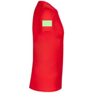 A red adult t-shirt with a short sleeve and a solid-coloured patch on the sleeve.