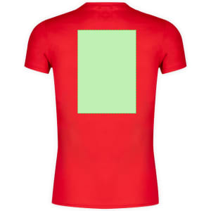 A red adult t-shirt featuring a solid green rectangular area on the back and a branding logo.