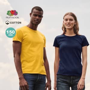 A yellow unisex T-shirt and a navy blue women's T-shirt, both with a logo.