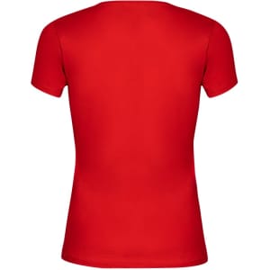 A red fitted T-shirt with short sleeves and a plain back, featuring a logo.