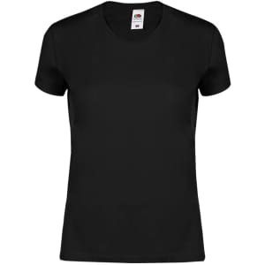 A black T-shirt with a round neckline and short sleeves, featuring a label inside.