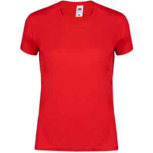 A red women's t-shirt with short sleeves and a round neckline, featuring a brand label inside.