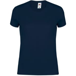 A navy blue women's T-shirt with short sleeves and a tag inside. The shirt has a logo on the label.