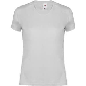A white T-shirt with a round neckline and short sleeves, featuring a label inside.
