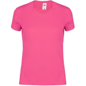 A pink short-sleeved t-shirt with a round neckline and a tag inside. It features a logo on the label.
