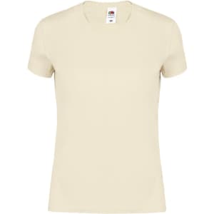 A plain cream t-shirt with short sleeves, featuring a tag and a logo on the inside.