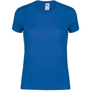 A blue women's T-shirt featuring a round neck and short sleeves, with a branding label inside.