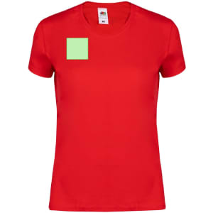 A red women's T-shirt featuring a square patch of fabric on the front and a logo on the label.