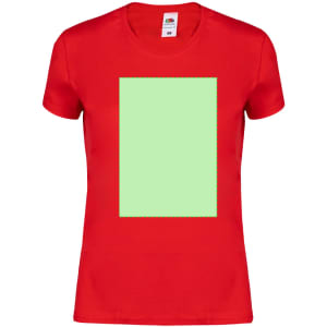 A red T-shirt featuring a large blank green rectangle in the centre. The shirt has a label and a logo.