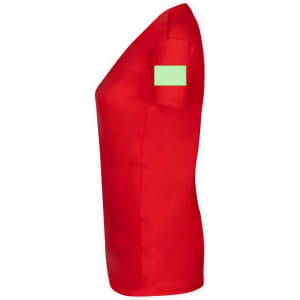 A red T-shirt with a green patch on the sleeve, designed for women. It has a fitted shape.