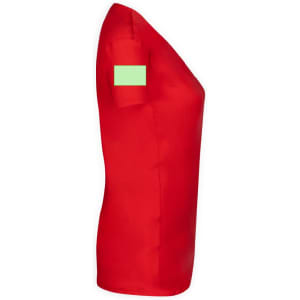 A vibrant red T-shirt featuring a green patch on the sleeve and a logo on the front.