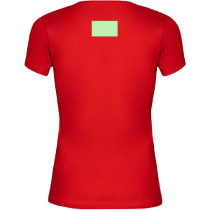 A red fitted T-shirt featuring a blank area on the back, with a logo or branding.