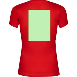 A red T-shirt featuring a plain green rectangle on the back and a logo on one side.