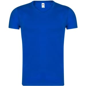 A blue V-neck adult t-shirt with short sleeves. It features a logo on the label.