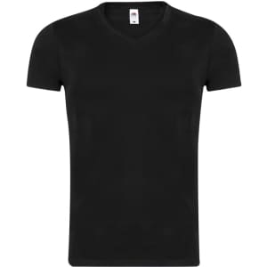 A black V-neck adult t-shirt with short sleeves and a logo on the tag.