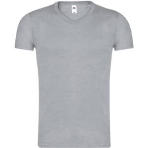 A grey V-neck adult T-shirt with a fitted design and short sleeves. It features a logo label at the neckline.