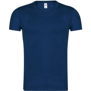 A navy V-neck adult T-shirt with short sleeves and a brand logo on the label.