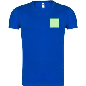 A blue V-neck adult T-shirt featuring a green square patch on the chest and a logo on the label.