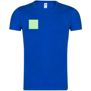 A blue iconic v-neck adult t-shirt featuring a green square patch and a logo.