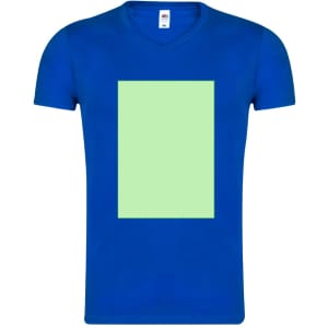 A blue adult V-neck T-shirt featuring a blank green rectangular area and a logo on the label.