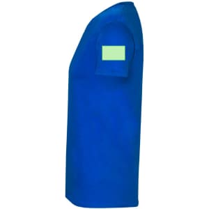 A blue adult V-neck T-shirt featuring a patch on the sleeve and a simple design.