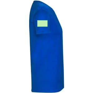 A blue V-neck adult T-shirt with a plain logo area on the sleeve, viewed from the side.