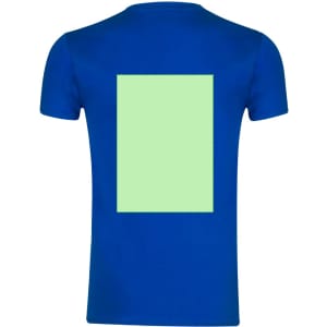A blue adult V-neck T-shirt with a plain green rectangular area on the back and a logo on the front.