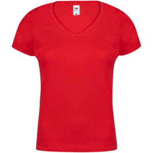A red V-neck women's T-shirt with a fitted design and a logo on the label.