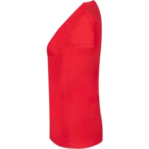 A red V-neck women's t-shirt with short sleeves, featuring a smooth fabric and subtle branding.