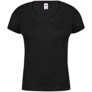 A black women's V-neck T-shirt with a fitted style and a logo on the label.