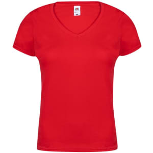 A red V-neck women's t-shirt featuring a fitted design and a logo on the label.