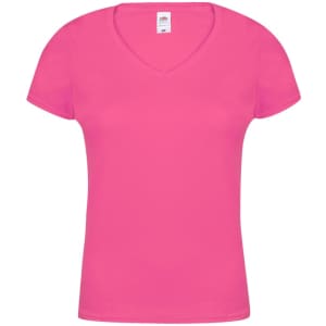 A pink, women’s V-neck T-shirt featuring short sleeves and a tag inside. The shirt has a logo at the collar.