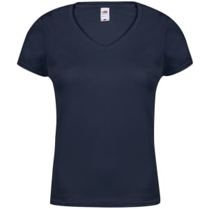 A navy blue V-neck women's T-shirt with a fitted design and a logo on the label.