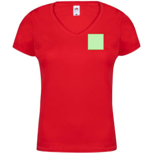 A red v-neck women's T-shirt featuring a square patch area. The shirt has a logo on the label.