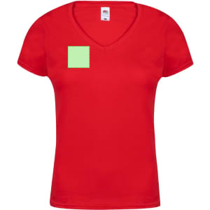 A red women's V-neck T-shirt with a logo on the front. The fabric appears smooth and fitted.