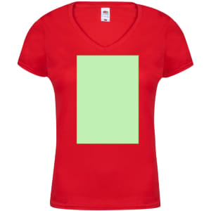 A red V-neck women's T-shirt featuring a blank green rectangular area. The shirt has a logo on the label.