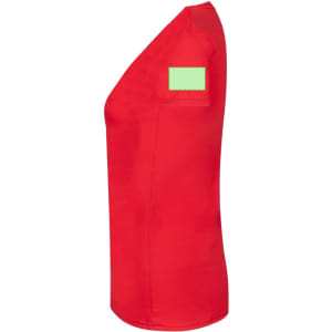 A red women's V-neck T-shirt with a green patch on the sleeve, featuring a logo.