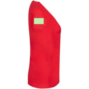 A red women's V-neck T-shirt with a small branding patch on the sleeve.