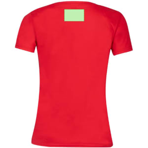 A red women's V-neck T-shirt with a blank area on the back for branding.