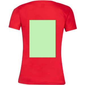 A red women's V-neck T-shirt with a blank green rectangle on the back and a logo on the front.
