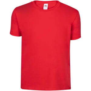 A bright red kids' T-shirt with a short sleeve design and a tag featuring a logo.