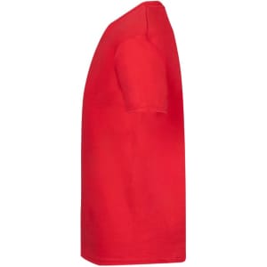 A red t-shirt with short sleeves, displayed from the side, featuring a logo.
