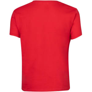 A red short-sleeve T-shirt featuring a plain back and a logo on the label.