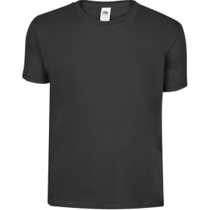 A short-sleeved black T-shirt with a round neckline, featuring a logo on the label.
