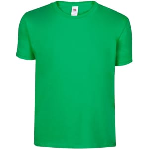 A green short-sleeved T-shirt with a plain design and a branding label at the neck.